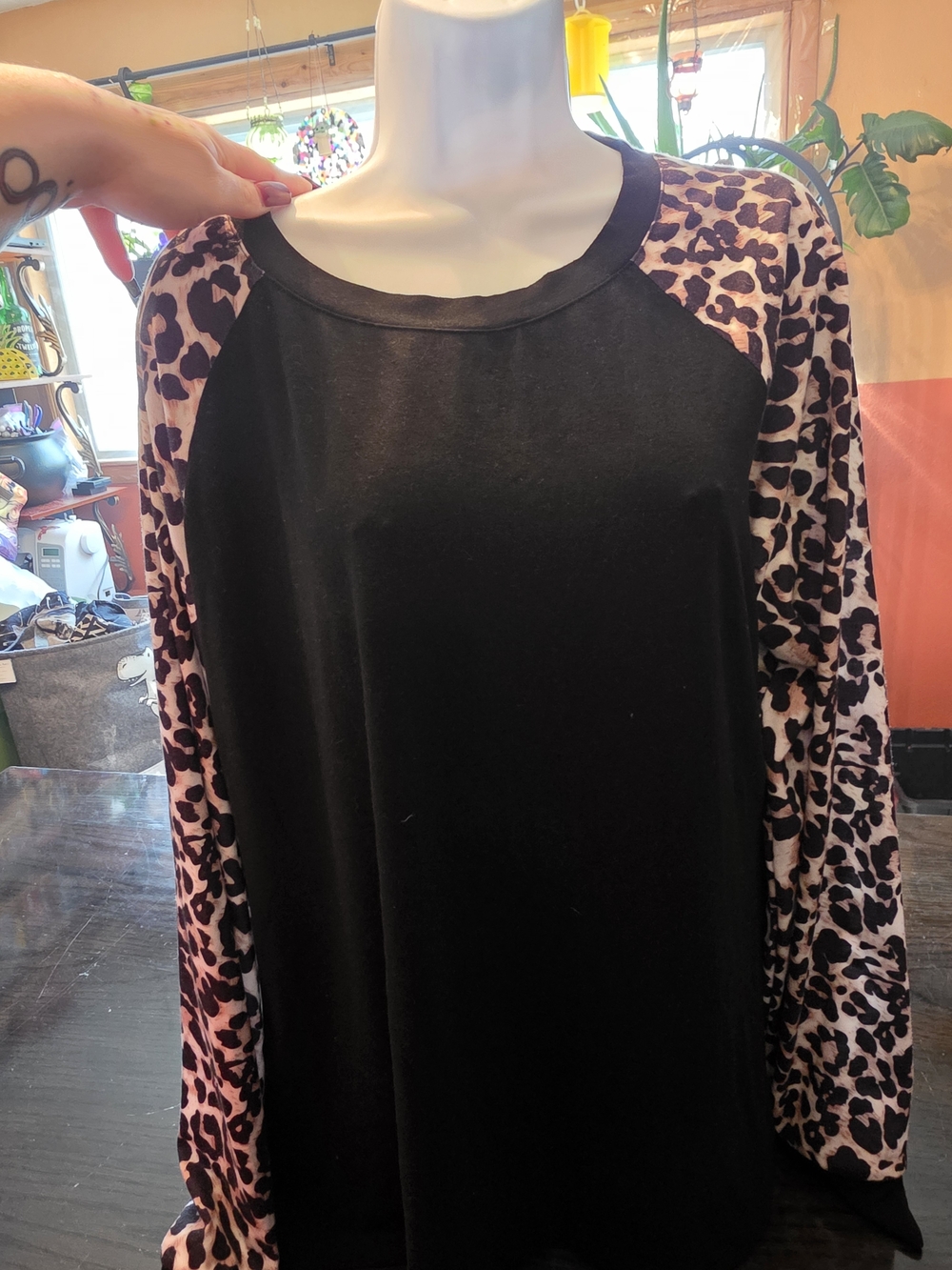 Long Sleeve Black Tee with Pink Leopard Raglan Sleeves